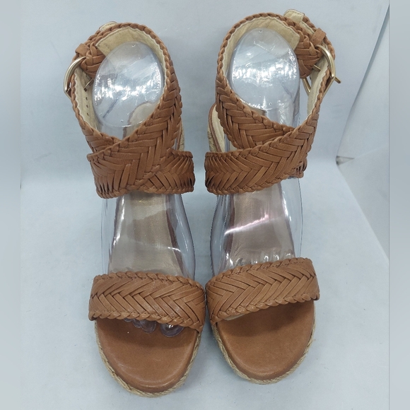 Stuart Weitzman Elixir Braided Leather Wedge Sandals Tan Brown Womens Size 8.5M - Picture 3 of 14